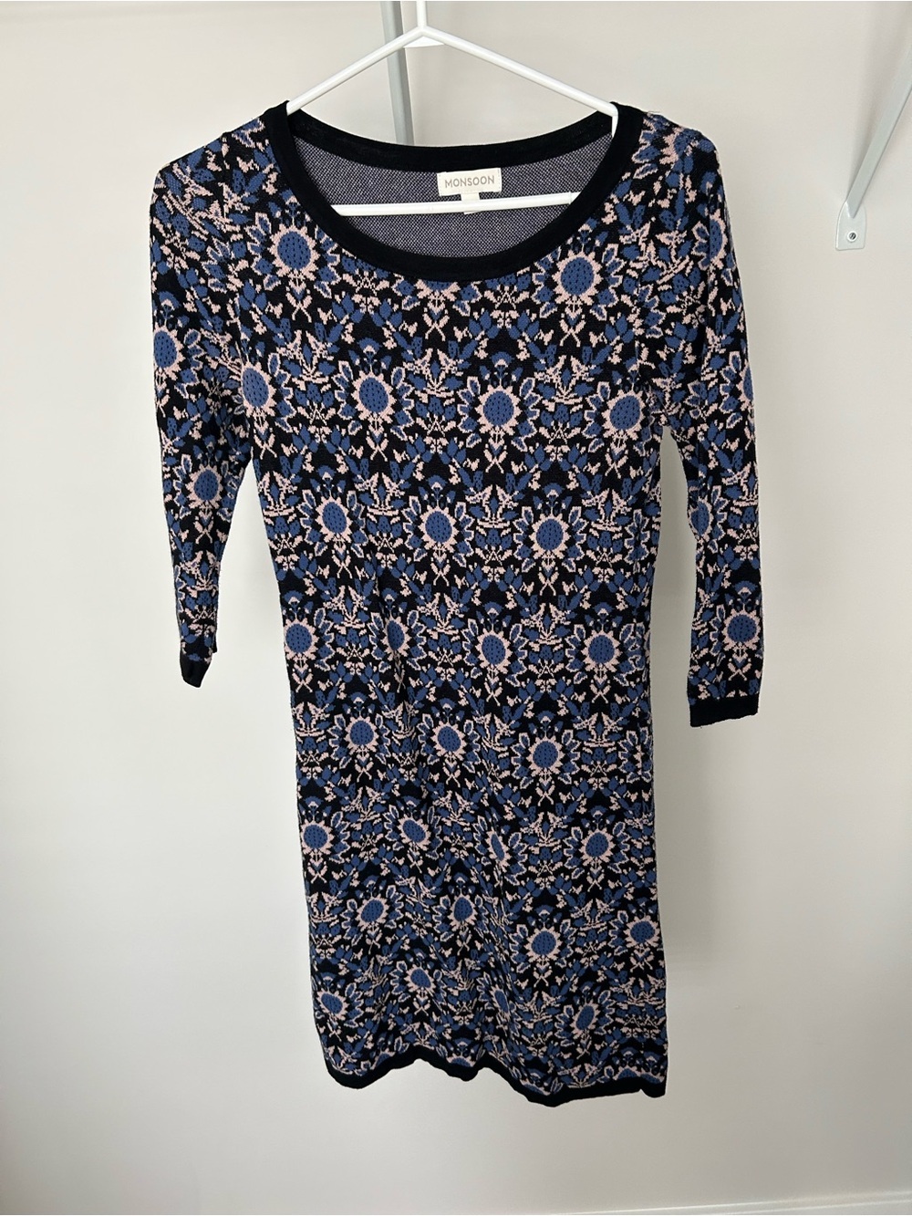 Monsoon Navy and Light Blue Floral Knit Midi Dress